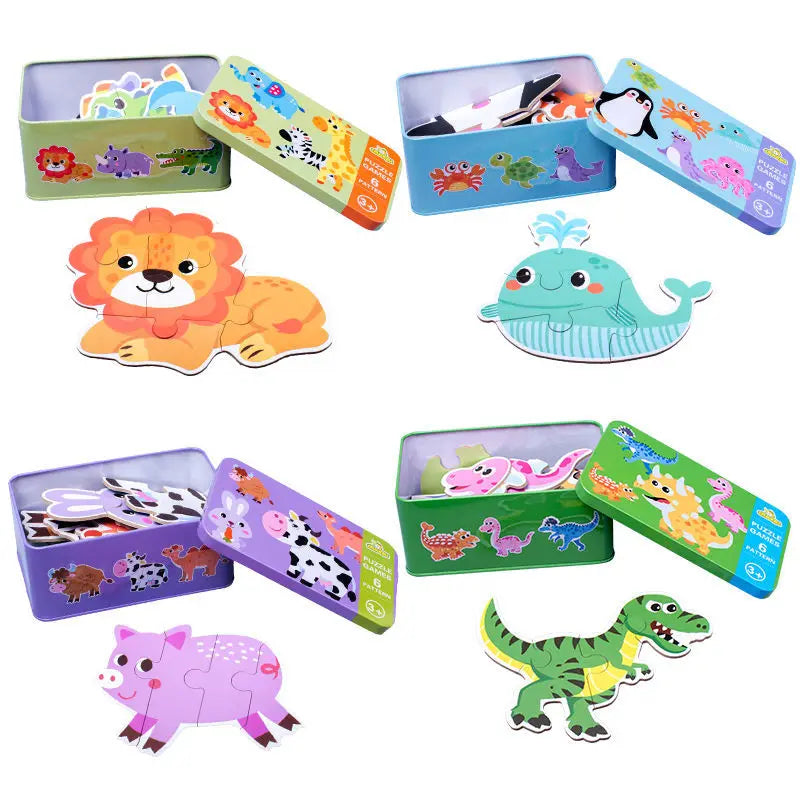 Baby Puzzle Montessori Educational Toys Wood Puzzle Games Iron Box Children Animal Wooden Puzzles For Kids 2 3 4 Year