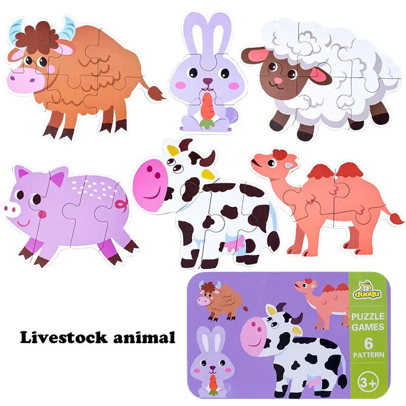 Baby Puzzle Montessori Educational Toys Wood Puzzle Games Iron Box Children Animal Wooden Puzzles For Kids 2 3 4 Year