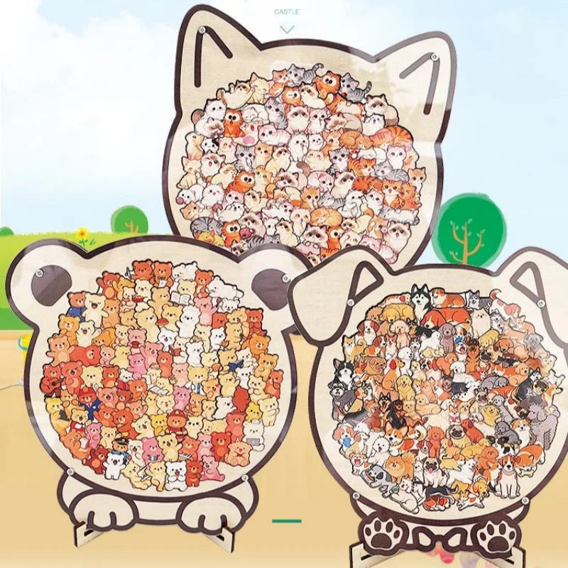 Wooden Cat Shaped Jigsaw Puzzle with Frame Irregular Pieces Stress Relief Educational Toy Home Decor Gift for Kids Adults Lovers