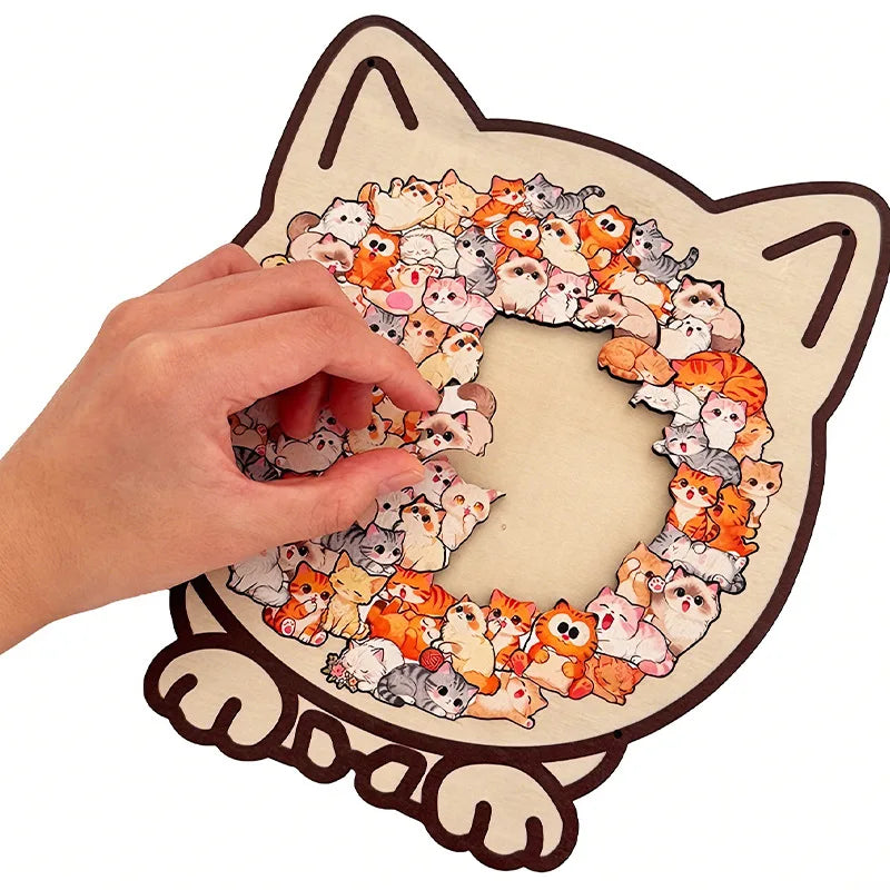 Wooden Cat Shaped Jigsaw Puzzle with Frame Irregular Pieces Stress Relief Educational Toy Home Decor Gift for Kids Adults Lovers