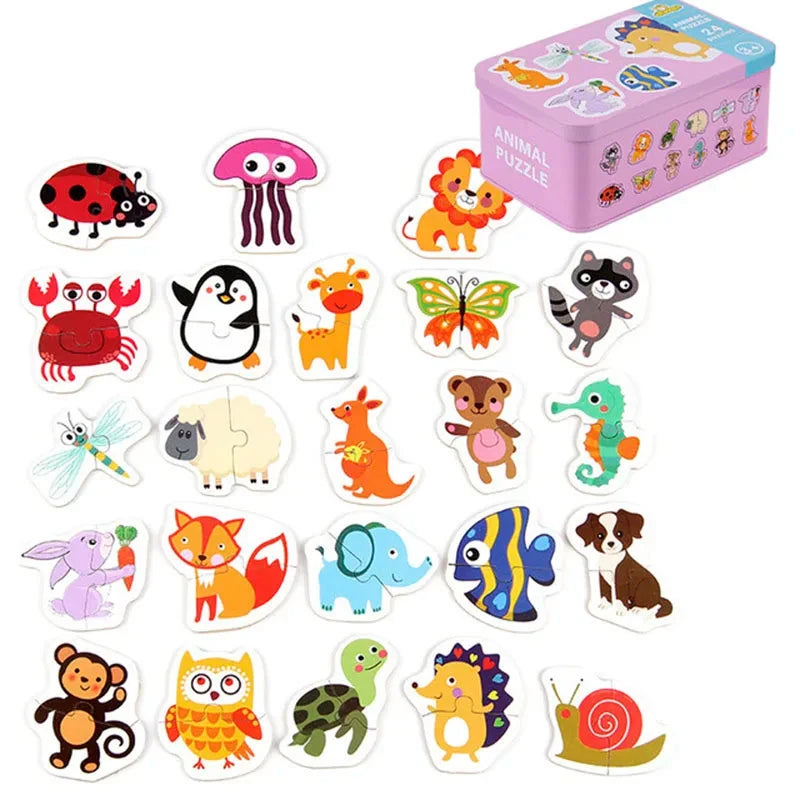 Baby Puzzle Montessori Educational Toys Wood Puzzle Games Iron Box Children Animal Wooden Puzzles For Kids 2 3 4 Year