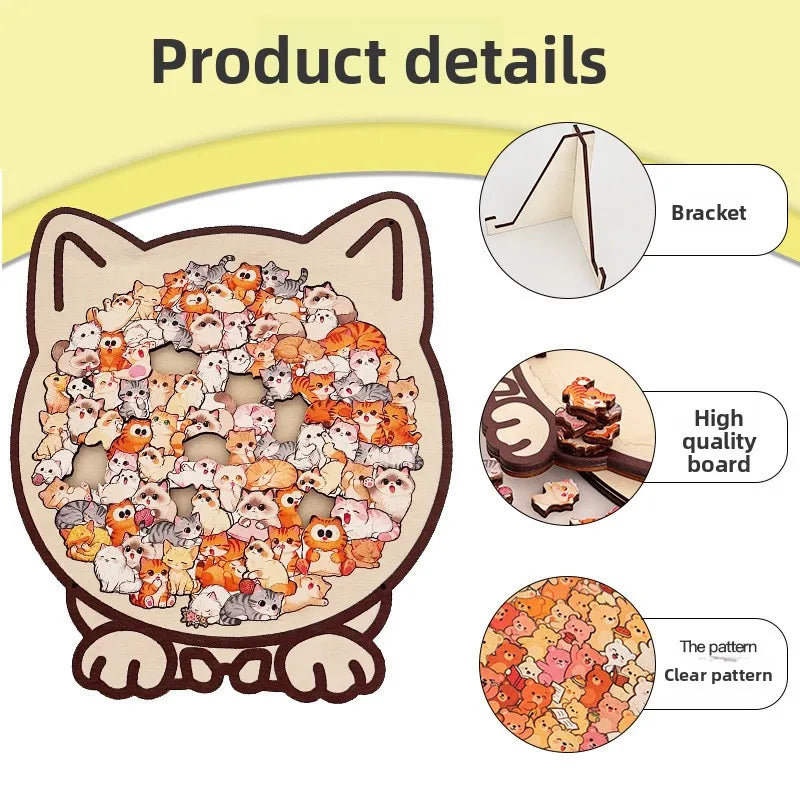Wooden Cat Shaped Jigsaw Puzzle with Frame Irregular Pieces Stress Relief Educational Toy Home Decor Gift for Kids Adults Lovers